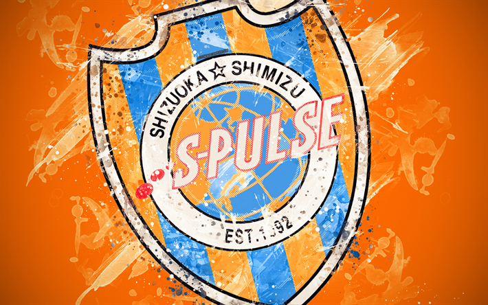Shimizu S-Pulse, 4k, peinture d&#39;art, logo, cr&#233;atif, Japonais de l&#39;&#233;quipe de football, J1 Ligue, embl&#232;me, fond orange, style grunge, Shizuoka, au Japon, le football