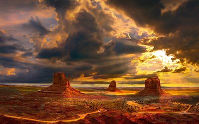Monument Valley, estados UNIDOS, sunser, desierto, american monumentos, la Naci&#243;n Navajo, la Meseta de Colorado, Utah, estados unidos