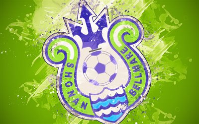 Shonan Bellmare, 4k, boya, sanat, logo, yaratıcı, Japon futbol takımı, J1 Lig, amblemi, yeşil arka plan, grunge tarzı, Hiratsuka, Japonya, futbol
