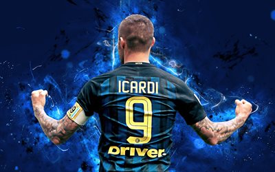 4k, Mauro Icardi, back view, abstract art, Italy, Internazionale, football, Serie A, Icardi, Inter Milan, soccer, Argentine footballer, footballers, neon lights, Inter Milan FC