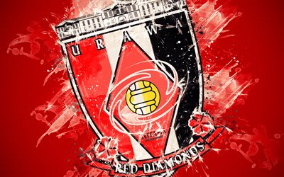 Urawa Red Diamonds, 4k, boya, sanat, logo, yaratıcı, Japon futbol takımı, J1 Lig, amblemi, kırmızı arka plan, grunge tarzı, Saitama, Japonya, futbol