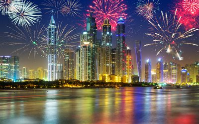 Dubai, notte, paesaggi urbani, fuochi d&#39;artificio, grattacieli, Emirati Arabi Uniti, EMIRATI arabi uniti