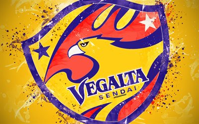 Vegalta Sendai FC, 4k, paint taidetta, logo, luova, Japanin jalkapallo joukkue, J1 League, tunnus, keltainen tausta, grunge-tyyliin, Sendai, Japani, jalkapallo