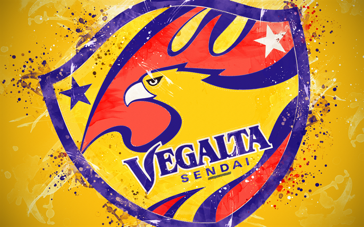Vegalta Sendai FC, 4k, boya, sanat, logo, yaratıcı, Japon futbol takımı, J1 Lig, amblemi, sarı arka plan, grunge tarzı, Sendai, Japonya, futbol