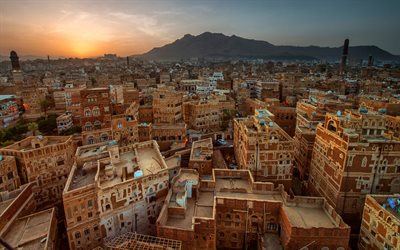 Sanaa, capital de Yemen, las casas, la arquitectura oriental, tarde, puesta de sol, edificios residenciales, Yemen, en La Pen&#237;nsula Ar&#225;biga