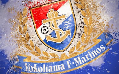 Yokohama F Marinos, 4k, paint taidetta, logo, luova, Japanin jalkapallo joukkue, J1 League, tunnus, sininen tausta, grunge-tyyliin, Yokohama, Japani, jalkapallo