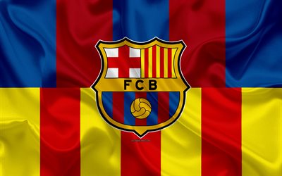 FC Barcelona, 4k, logo, sininen viininpunainen silkki lippu, lippu Katalonian, Espanja, tunnus, Espanjan football club, Liiga, jalkapallo, silkki tekstuuri, creative art, Barca