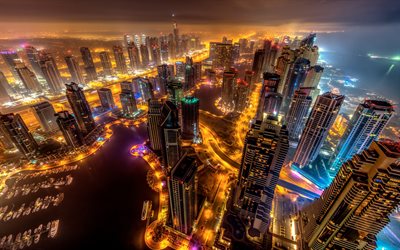 Dubai, gece, şehir ışıkları, g&#246;kdelenler, modern binalar, iş merkezleri, BAE, g&#252;zel şehir, Birleşik Arap Emirlikleri