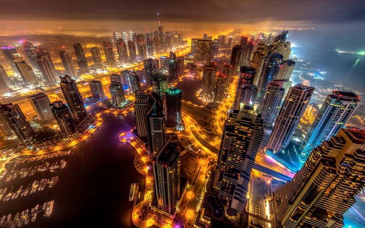 Dubai, natt, stadens ljus, skyskrapor, moderna byggnader, business center, F&#246;renade ARABEMIRATEN, vacker stadsbild, F&#246;renade Arabemiraten