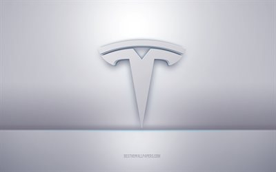 Logo Tesla 3d blanc, fond gris, logo Tesla, art 3d créatif, Tesla, emblème 3d