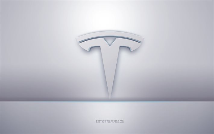 Tesla 3d logo blanco, fondo gris, logo de Tesla, arte creativo 3d, Tesla, emblema 3d