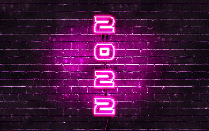 4k, 2022 on purple background, vertical text, Happy New Year 2022, purple brickwall, 2022 concepts, wires, 2022 new year, 2022 purple neon digits, 2022 year digits