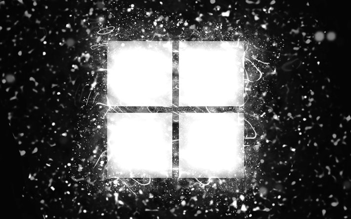 Microsoft vit logotyp, 4k, vita neonljus, kreativ, svart abstrakt bakgrund, Microsoft -logotyp, Windows 11 -logotyp, m&#228;rken, Microsoft