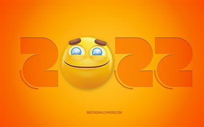 Happy New Year 2022, 4k, yellow background, 2022 New Year, 2022 concepts, 2022 funny background, joy emotion icon, 2022 yellow background