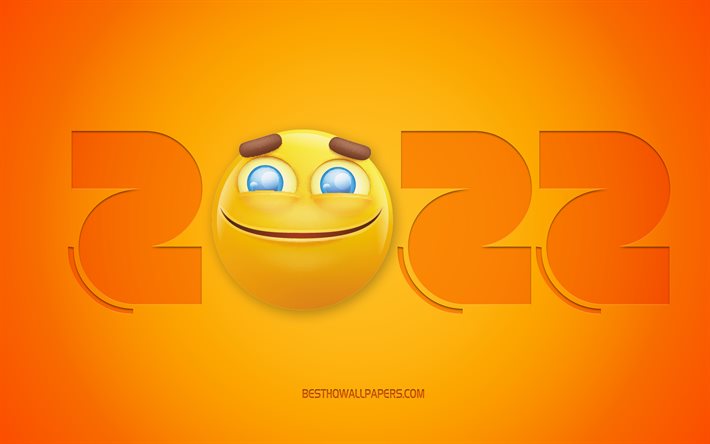 Feliz a&#241;o nuevo 2022, 4k, fondo amarillo, a&#241;o nuevo 2022, conceptos 2022, fondo divertido 2022, icono de emoci&#243;n de alegr&#237;a, fondo amarillo 2022