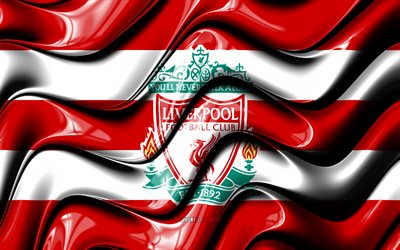 Liverpool FC flag, 4k, red and white 3D waves, Premier League, english football club, football, Liverpool logo, Liverpool FC, soccer