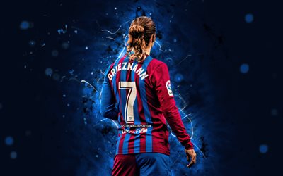 Antoine Griezmann, 2021, back view, Barcelona FC, french footballers, LaLiga, Barca, football, blue neon lights, soccer, La Liga, FCB, Antoine Griezmann 4K, Antoine Griezmann Barcelona