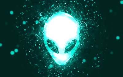 alienware t&#252;rkisfarbenes logo, 4k, t&#252;rkisfarbene neonlichter, kreativer, t&#252;rkisfarbener abstrakter hintergrund, alienware-logo, marken, alienware