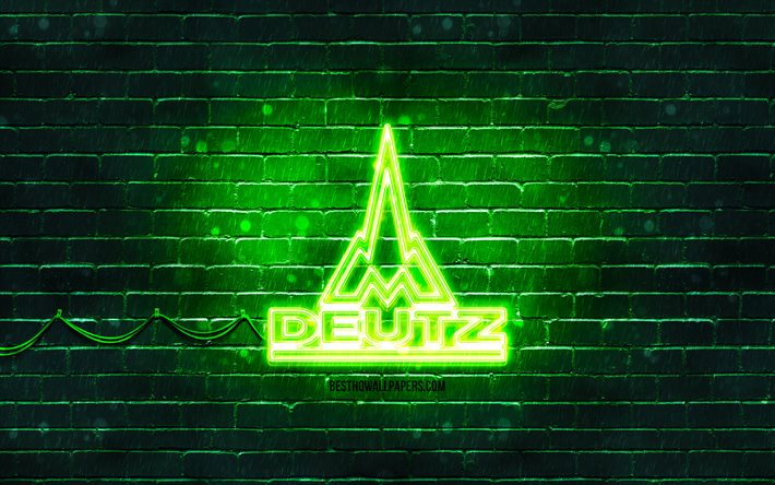 Deutz-Fahr turquogreeniseロゴ, 4k, 緑のレンガの壁, ドイツファールのロゴ, お, Deutz-Fahrネオンロゴ, ドイツファール