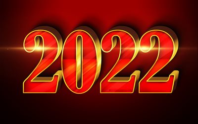 2022 رقم ثلاثي الأبعاد أحمر, 4 ك, كل عام و انتم بخير, خلفيات حمراء, 2022 مفاهيم, فن ثلاثي الأبعاد, 2022 العام الجديد, 2022 على خلفية حمراء, 2022 أرقام سنة