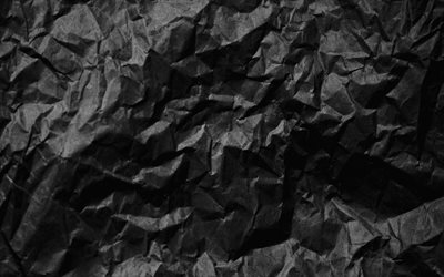black crumpled paper, 4K, macro, paper backgrounds, crumpled paper textures, black backgrounds, old paper background
