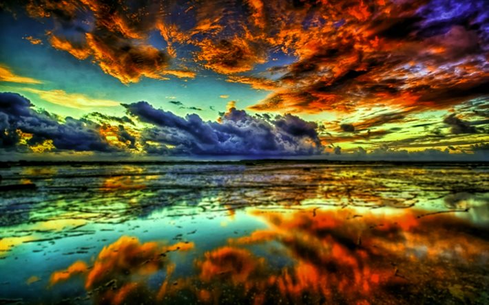 sea, sunset, HDR, beautiful nature, reflection, summer, clouds