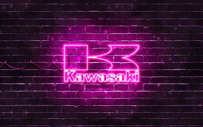 Kawasaki mor logo, 4k, mor brickwall, Kawasaki logo, motosiklet markaları, Kawasaki neon logo, Kawasaki