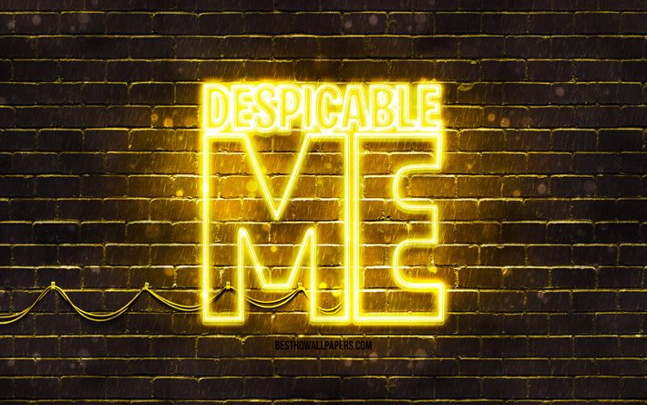 Despicable Me logo jaune, 4k, mur de briques jaune, logo Despicable Me, minions, Despicable Me néon logo, Despicable Me