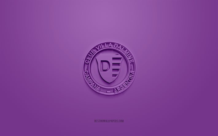 ビジャ・ダルミネ, クリエイティブな3Dロゴ, 紫の背景, アルゼンチンのサッカーチーム, プリメーラBナシオナル, ブエノスアイレス, アルゼンチン, 3Dアート, フットボール。, ビジャ・ダルミネの3Dロゴ