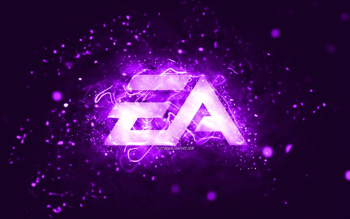 EA GAMES violet logo, 4k, Electronic Arts, violet neon lights, creative, violet abstract background, EA GAMES logo, online games, EA GAMES