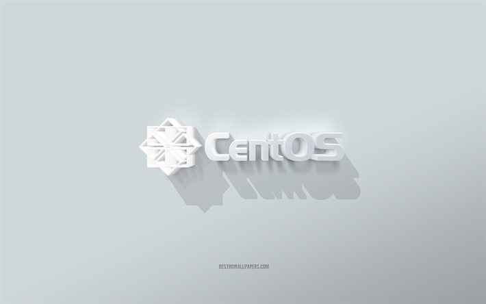 CentOS -logo, valkoinen tausta, CentOS 3D -logo, 3D -taide, CentOS, 3D CentOS -tunnus