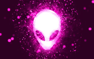 Alienware logo viola, 4k, luci al neon viola, creativo, viola sfondo astratto, logo Alienware, marchi, Alienware