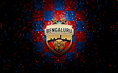 Bengaluru FC, glitter logo, ISL, blue red checkered background, soccer, indian football club, Bengaluru FC logo, mosaic art, football, FC Bengaluru, India