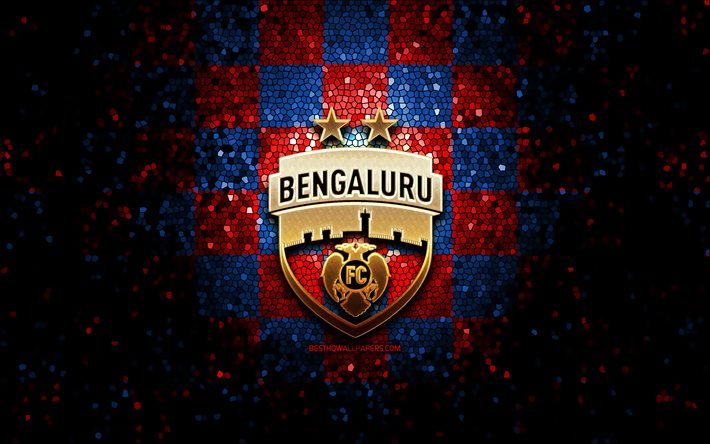 Bengaluru FC, logo paillet&#233;, ISL, fond quadrill&#233; bleu rouge, football, club de football indien, logo Bengaluru FC, art de la mosa&#239;que, FC Bengaluru, Inde