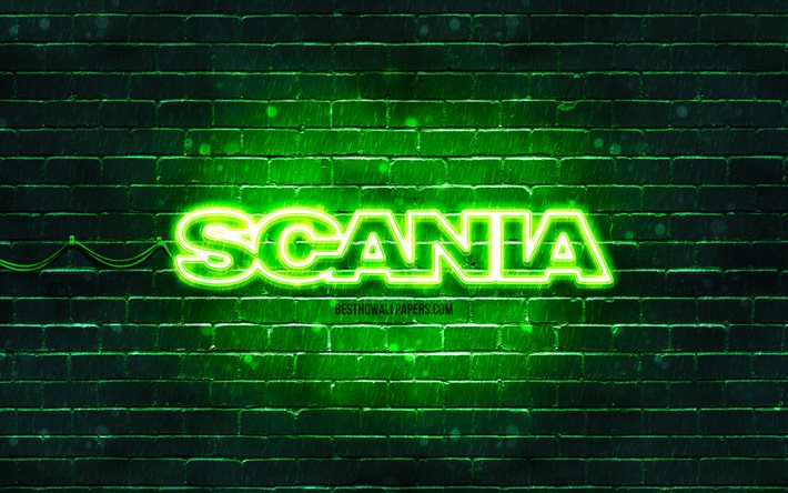 Logo vert Scania, 4k, mur de briques vert, logo Scania, marques, logo n&#233;on Scania, Scania