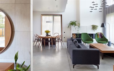 living room, スタイリッシュなアパートのデザイン, モダンなインテリア, レトロ, 緑のレトロなアームチェア, リビングルームのインテリアデザイン, レトロなリビングルームのアイデア
