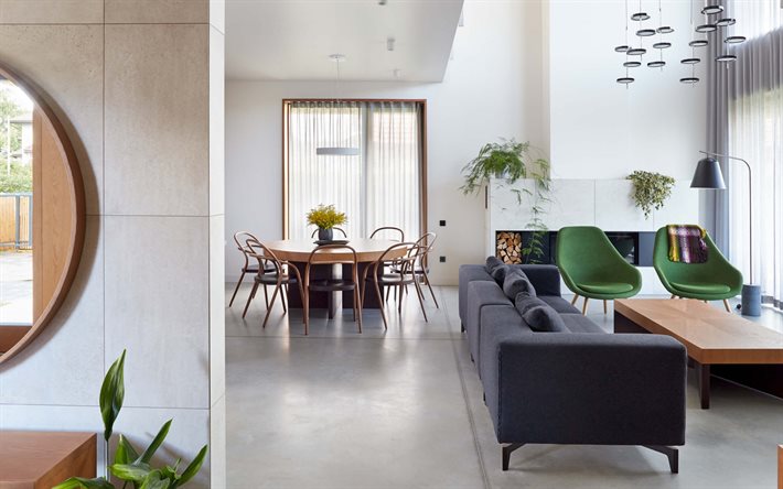 living room, stylish apartment design, modern interior, retro style, green retro armchairs, living room interior design, idea for a retro living room