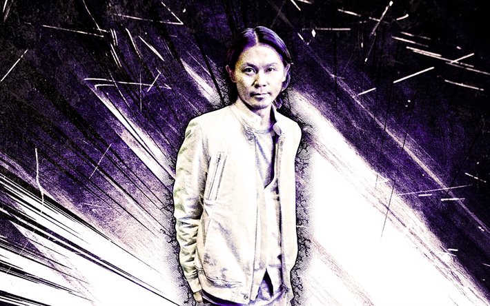 4k, Ken Ishii, grunge sanat, m&#252;zik yıldızları, Japon DJ&#39;ler, mor soyut ışınları, &#252;nl&#252; Japon Ken Ishii 4K