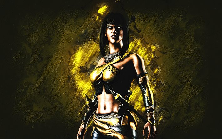 Tanya, Mortal Kombat Mobile, Tanya MK Mobile, Mortal Kombat, gul stenbakgrund, Mortal Kombat Mobile -karakt&#228;rer, grungekonst, Tanya Mortal Kombat