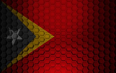 Timor-Leste flag, 3d hexagons texture, Timor-Leste, 3d texture, Timor-Leste 3d flag, metal texture, flag of Timor-Leste