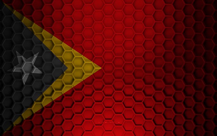Drapeau du Timor-Leste, texture 3d hexagones, Timor-Leste, texture 3d, Timor-Leste drapeau 3d, texture m&#233;tallique, drapeau du Timor-Leste