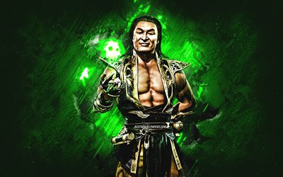 Shang Tsung, Mortal Kombat Mobile, Shang Tsung MK Mobile, Mortal Kombat, yeşil taş arka plan, Mortal Kombat Mobile karakterleri, grunge sanat, Shang Tsung Mortal Kombat