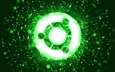 Ubuntu green logo, 4k, green neon lights, Linux, creative, green abstract background, Ubuntu logo, OS, Ubuntu