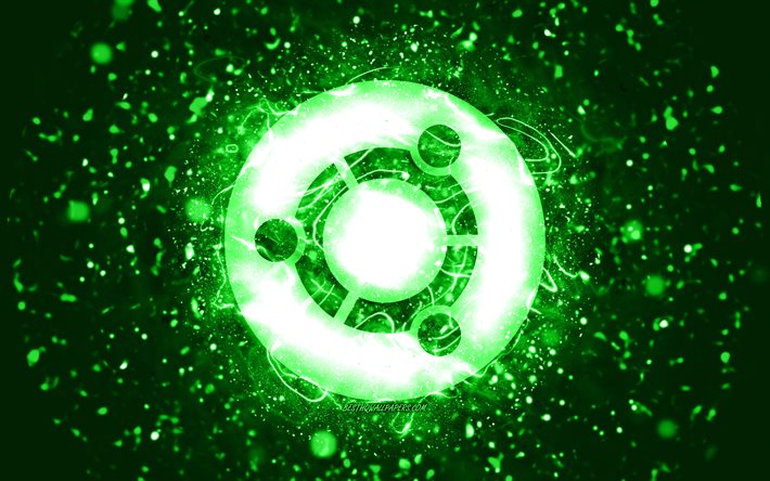 Ubuntuの緑のロゴ, 4k, 緑のネオンライト, Linux, creative クリエイティブ, 緑の抽象的な背景, Ubuntuのロゴ, OS, ubuntu