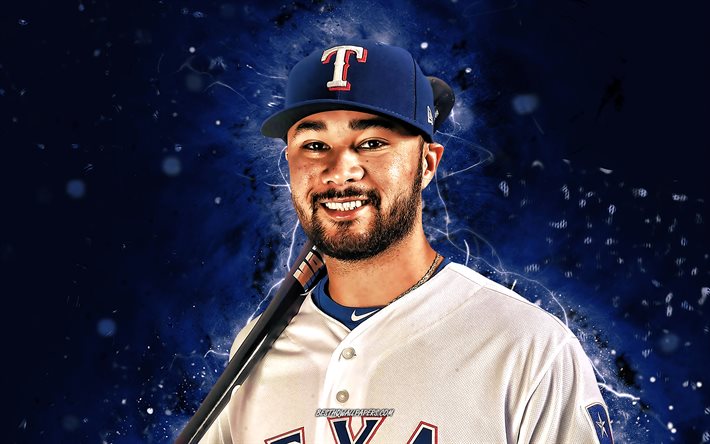 Isiah Kiner-Falefa, 4k, Texas Rangers, MLB, shortstop, baseball, Izzy, blue neon lights, Isiah Kiner-Falefa Texas Rangers, Isiah Kiner-Falefa 4K