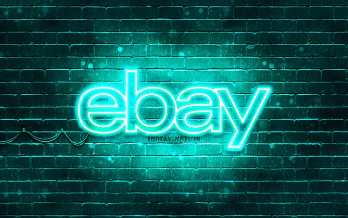 Logo turquoise Ebay, 4k, mur de briques turquoise, logo Ebay, marques, logo n&#233;on Ebay, Ebay