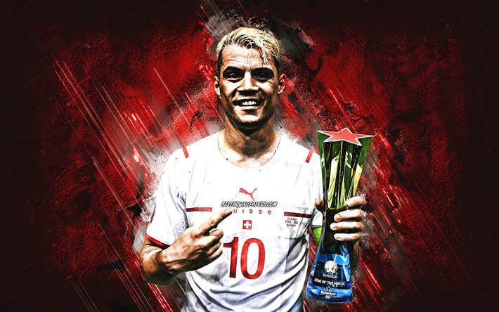 Granit Xhaka, &#233;quipe nationale de football suisse, joueur de football suisse, milieu de terrain, fond de pierre rouge, football, Suisse