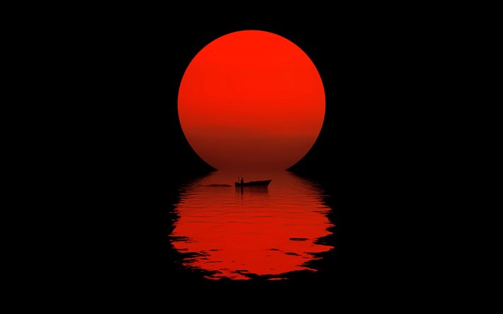 4k, punainen kuu, meri, kalastaja siluetti, vene, heijastus, kuu minimalismi, kuu