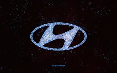 Hyundai logo glitter, 4k, sfondo nero, logo Hyundai, arte glitter blu, Hyundai, arte creativa, logo Hyundai blu glitter