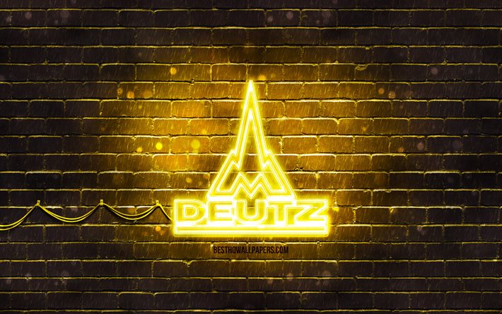 Logo jaune Deutz-Fahr, 4k, mur de briques jaune, logo Deutz-Fahr, marques, logo n&#233;on Deutz-Fahr, Deutz-Fahr